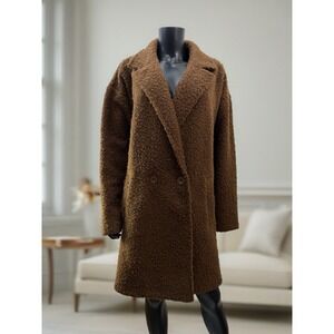 Carole Wren Teddy Coat Brown Sherpa Long Coat Women's XL Double Breasted